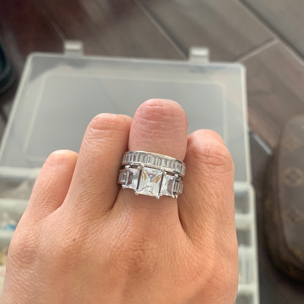 Classic gemstone wedding ring and band combination